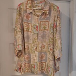 Rose & Olive Pastel Patchwork Floral Button-Down Shirt - Light Blue Multi 1X